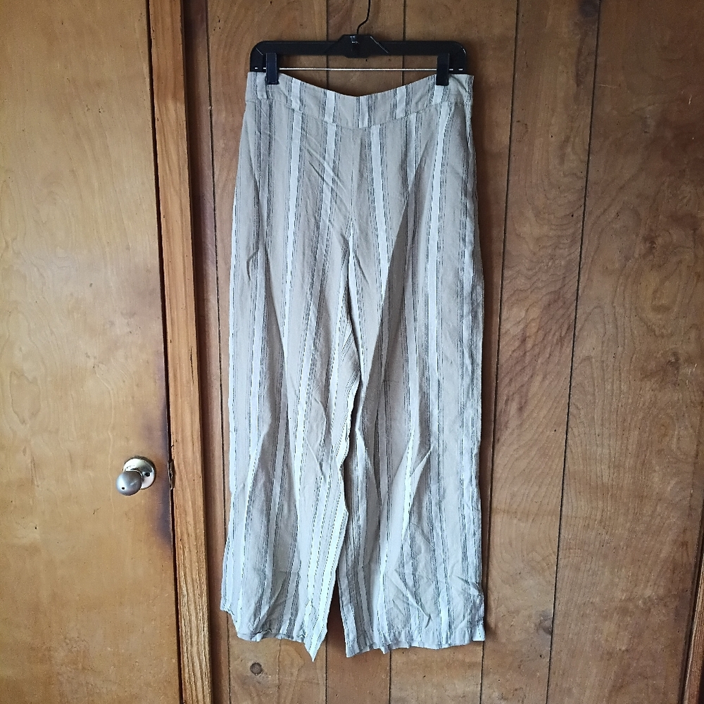 New Directions Brown Striped Pull-On Pants Elastic Back Pockets Size M